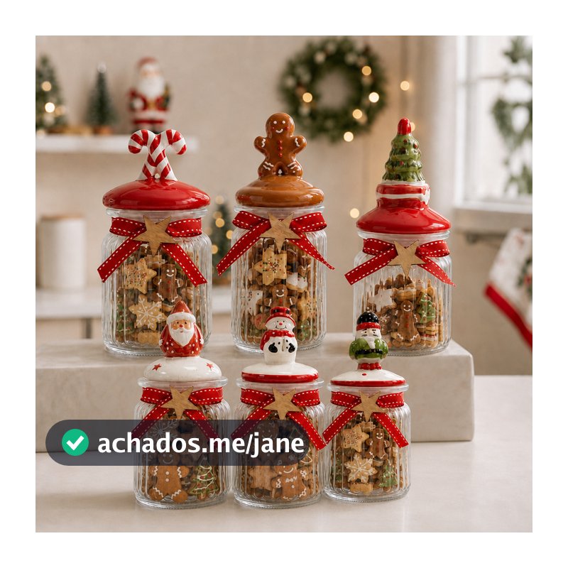 Potes de Vidro Natalinos 300mL - Porta Mini Biscoitos Porta Doces Bomboniere Decoração de Natal com Tampa Decorada