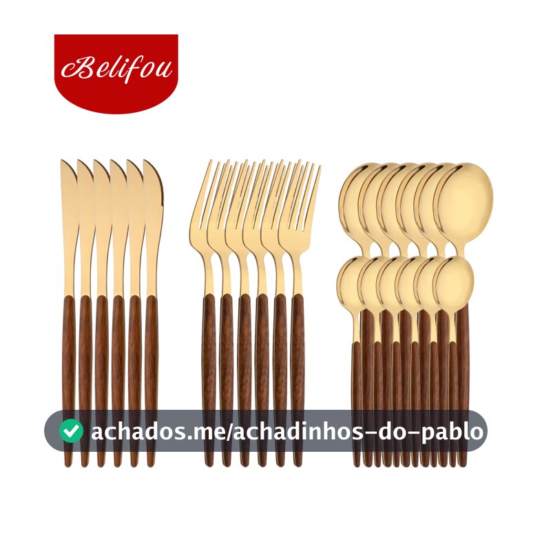 Belifou Kit 24 Jogo De Talheres Aço Inoxidável Ouro Alças De Madeira Alta polidez