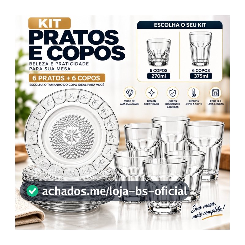 Kit 6 Pratos de Vidro + 6 Copos 270ml ou 375ml Jogo de Jantar Mesa Posta Resistente