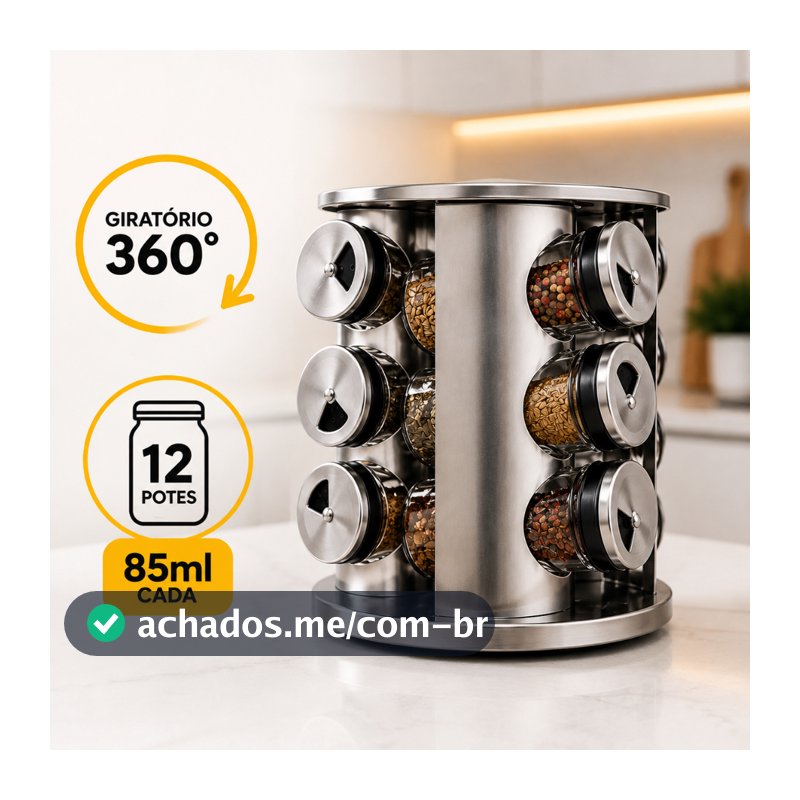 Porta Condimentos INOX 12 Potes Vidro Base 360° Cozinha Giratório Premium Tempero Restaurante