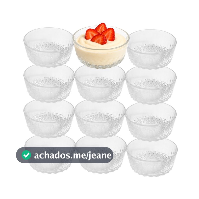 Jogo 12 Bowl de Vidro Pote para Sobremesa Clear Diamantino 260ml Em Casa Tem