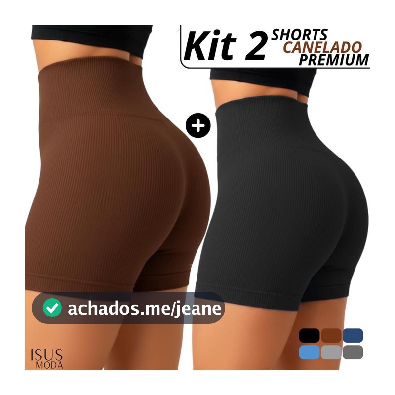 Kit 2 Shorts Canelado Cintura Alta Sem Costura para Academia Zero Transparencia Feminino Fitness