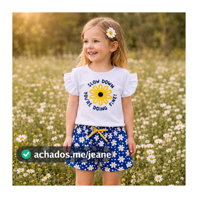 Conjunto Infantil Blusa Meia Malha com Estampa e Bermuda Poliflex Estampada Verão