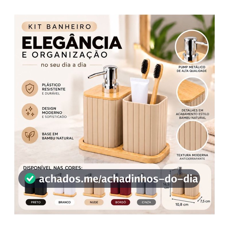 Kit Banheiro 3 Peças Canelado Plástico -Com Dispenser Sabão Liquido Porta Escova E Bandeja em Acabamento Em Estilo Bambu