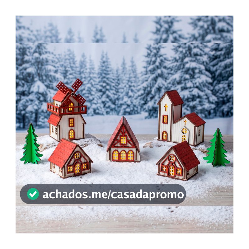 Kit Vila Natalina 7 peças  Madeira Decoração Casa pintada nas cores Vermelha, Rosa ou Dourada