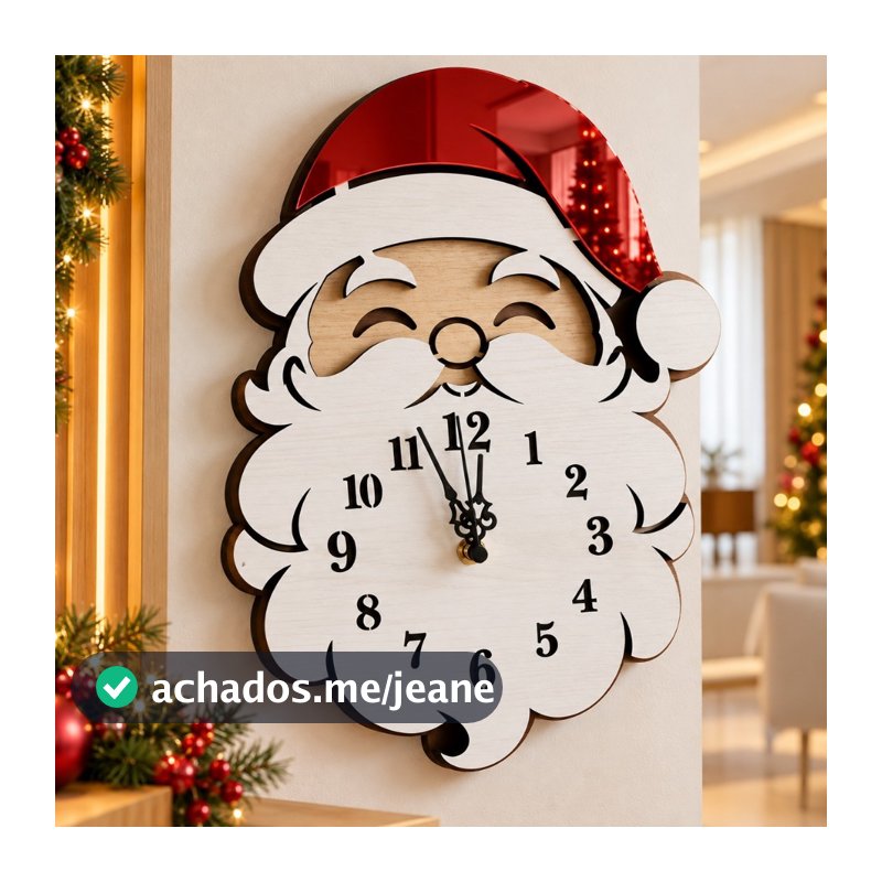 Relógio de Parede Papai Noel Natal 35x26cm Madeira Decorativo Enfeite Natalino Decoração Natalina