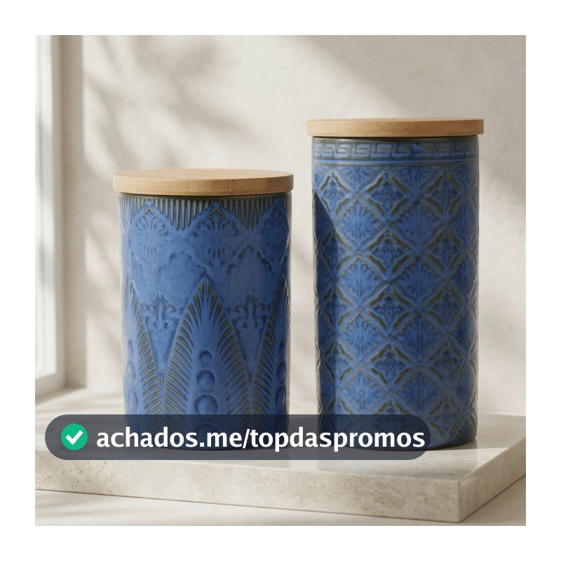 Jogo 2 Potes Cerâmica Azul Tampa Hermética Madeira Porta Mantimentos Decorativo 21cm e 17cm