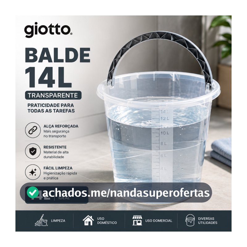 Balde 14L Transparente com Alça Cinza e Medidor Multiuso Cozinha Lavanderia Limpeza Giotto