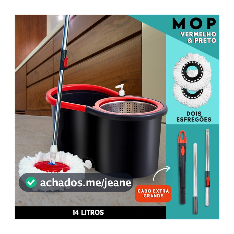 Mop Giratório C/ cabo de 140 cm + 2 Refis Balde Centrífuga Cesto Em Inox Com Rodinhas - SHEFA