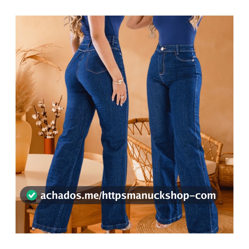 Calça Feminina Wide Leg Delicada azul Escura 100% algodão Cintura Alta Perfeita Linda