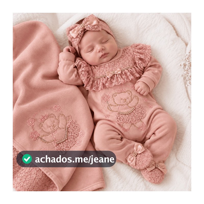 Saída de Maternidade Menina Rosê Renda Algodão Ursinha Bailarina Macacão Manta Laço