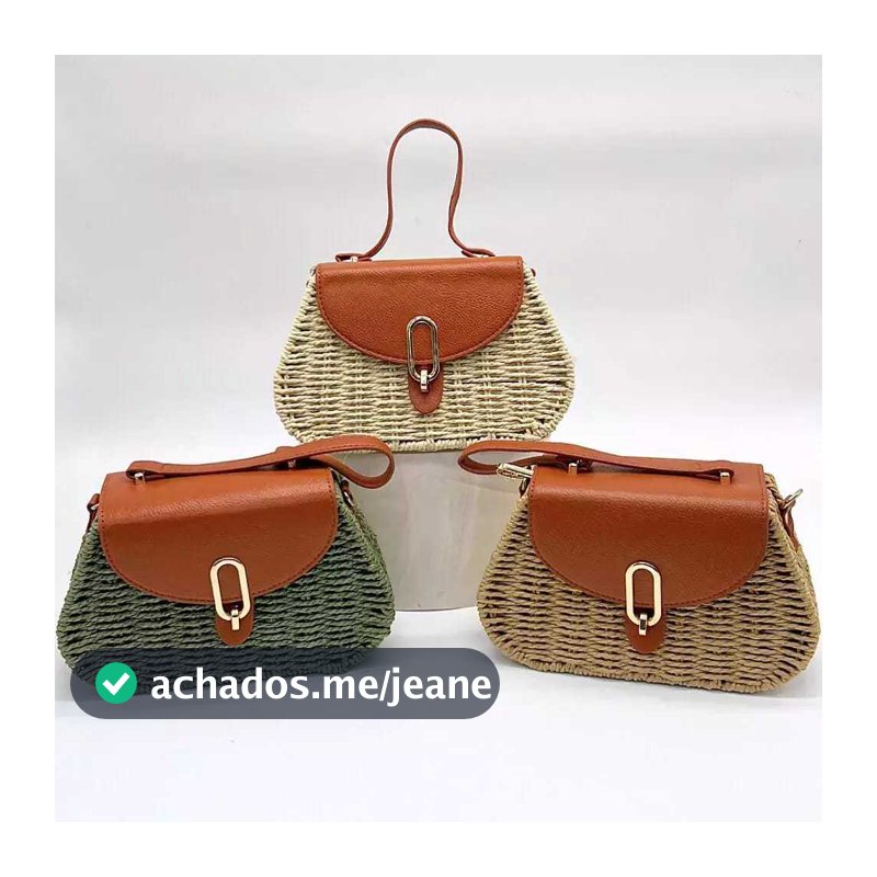 Bolsa de Mao Praia Feminina Palha Com Couro Sintético Alça Transversal Pequena