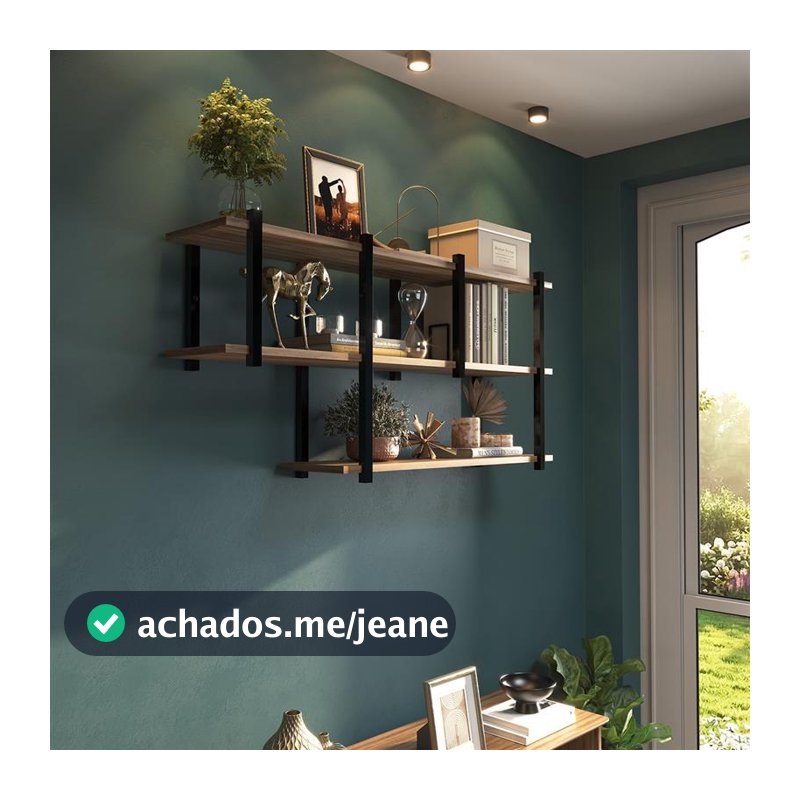 Nicho Triplo de Parede Industrial em Ferro Preto com Madeira Laminada Prateleira Decorativa