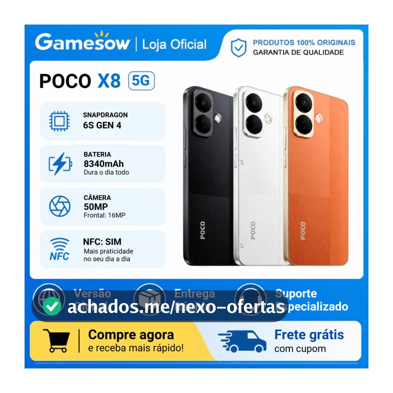 Xiaomi Poco X8 5G, Versão Global, Snapdragon® 6s 4 Gen, Bateria 8340 mAh, Câmera 50MP 256GB e 8-12GB RAM