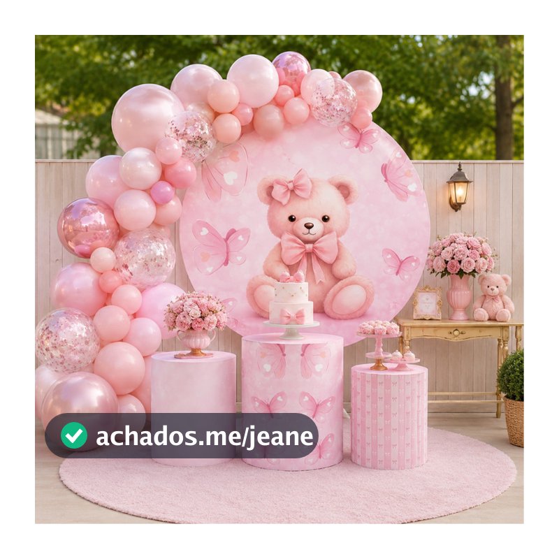 Kit Capa Painel Redondo +  Trio Cilindros Decoração de Festa Veste Fácil Festa Chá de Bebê Ursinha Rosa Menina SUB