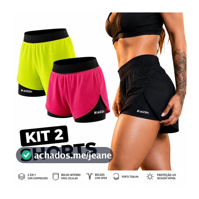 KIT COM 2 SHORTS FEMININO ACADEMIA 2 EM 1 DRYFIT C/ PORTA CELULAR KAIZEN
