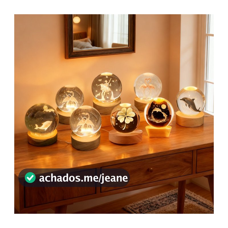 Luminária Decorativa Mesa Cristal 3D Base Madeira Moderna Trevo Ursinho Golfinho Bailarina