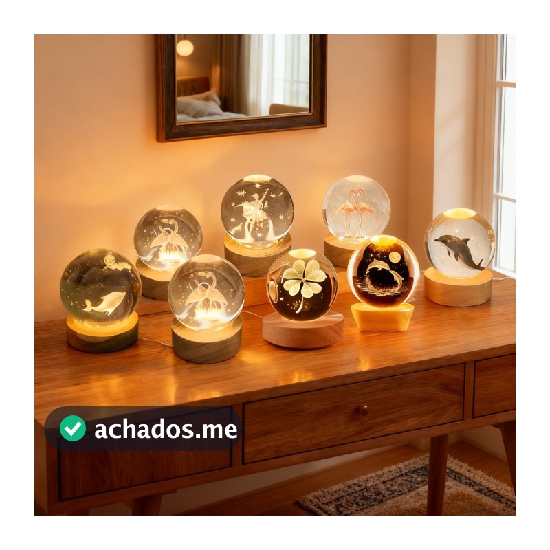 Luminária Decorativa Mesa Cristal 3D Base Madeira Moderna Trevo Ursinho Golfinho Bailarina