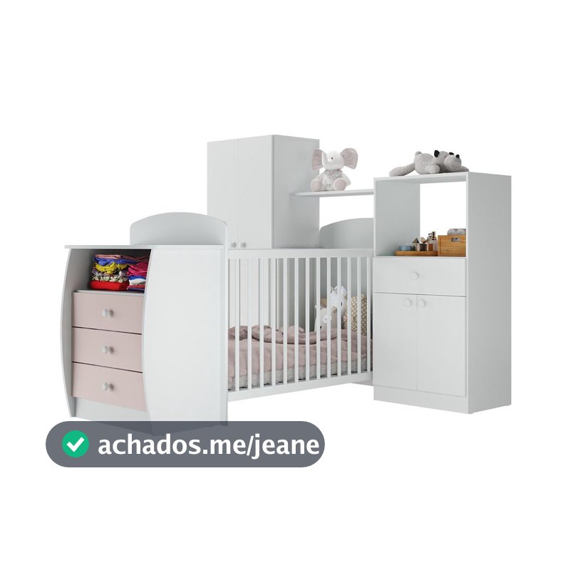 Quarto Infantil com Berço-Cômoda Laura Multimóveis Branco/Rosa