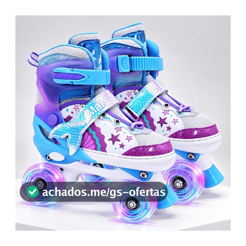 Patins Infantil 4 Rodas Ajustável com Luz LED Arco-Íris Quad Menina Tamanho P/M/G