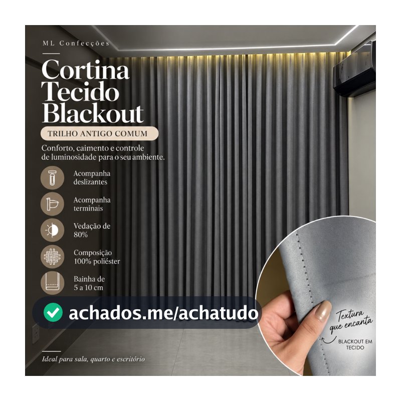 Cortina Trilho Suíço Blackout 6m x 2,30/ 2,40/ 2,50/ 2,60/ 2,70/ 2,80 Tecido 80% Corta Luz