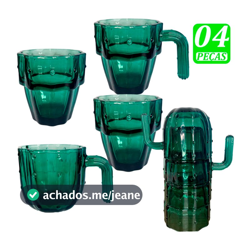 Kit Jogo 04 Copos Cactus 240 ml Vidro Verde Elegancia e Desing para sua Casa, decoração e uso