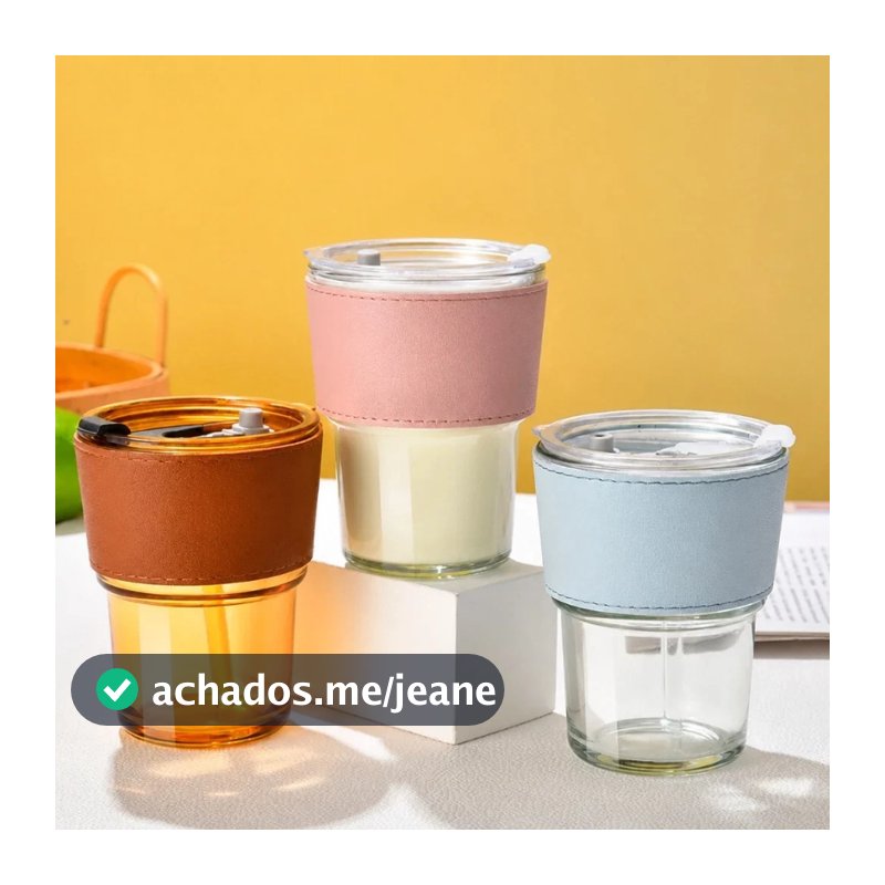 2 Caneca Copo de Vidro 420ml com Tampa e Canudo Capinha Couro Luxo Para Café Chá Bebidas