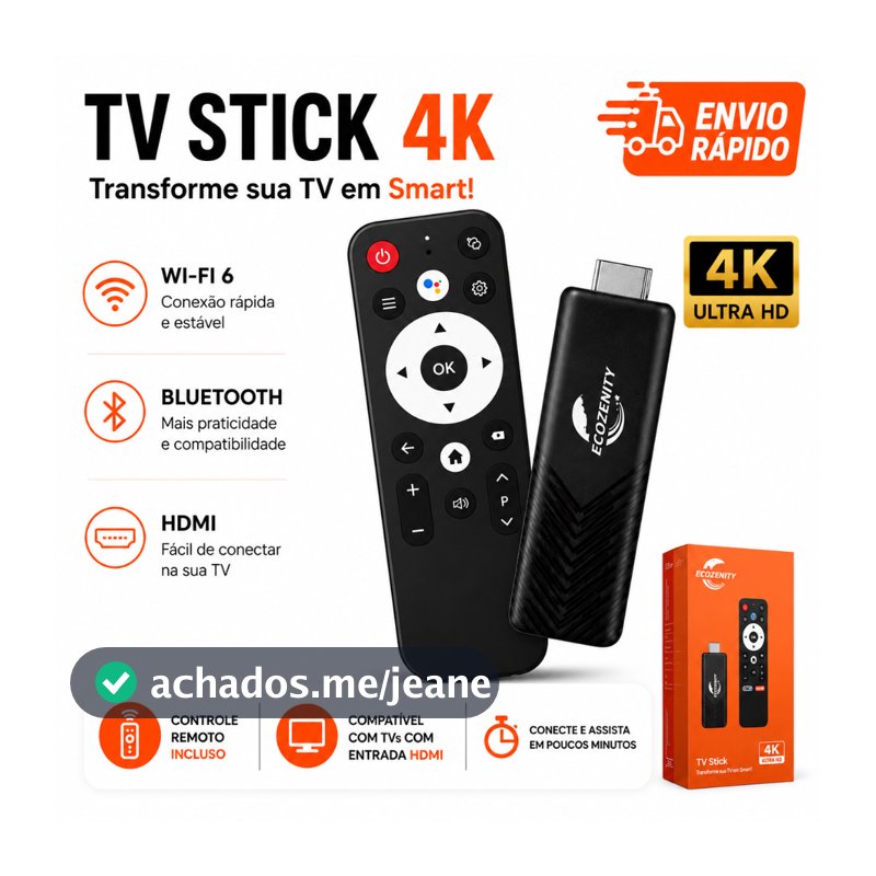 TV Stick Android 13 4K Wi-Fi 6 2GB+16GB Bluetooth 5.0 com Controle Remoto por Voz