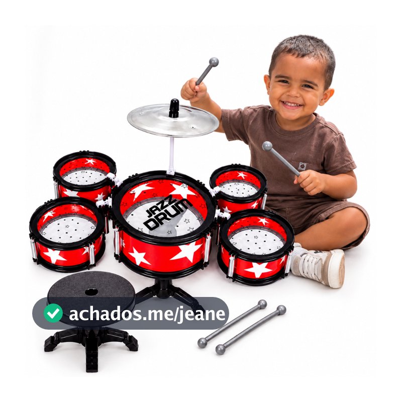 Brinquedo Bateria Infantil Instrumento Musical Baqueta e Banquinho 5 Tambor Mini Bateria Infantil