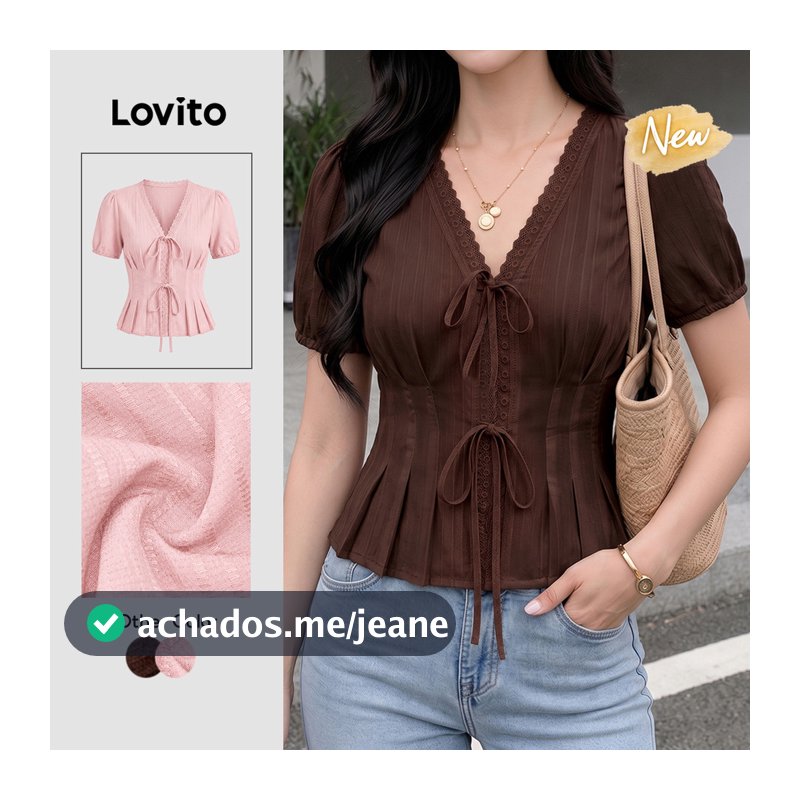(New Arrival) Lovito Blusa Marrom Casual Feminina Manga Curta Decote V Babados Renda Pregas primavera/verão Fim De Semana Bordado BLB204P1D297