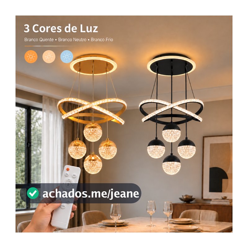 Lustre LED de Cristal Luxo 110V-220V Bivolt 3 Cores com Controle Remoto para Sala e Quarto