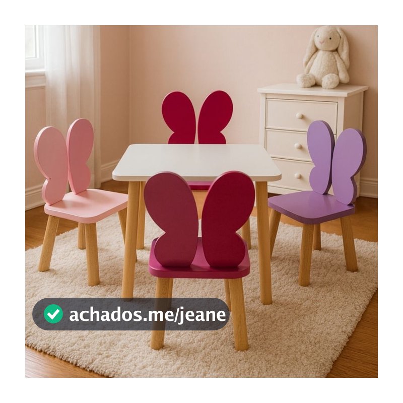 conjunto mesa mesinha cadeira de borboleta com quatro cadeiras MDF madeira decoração quarto infantil  menina