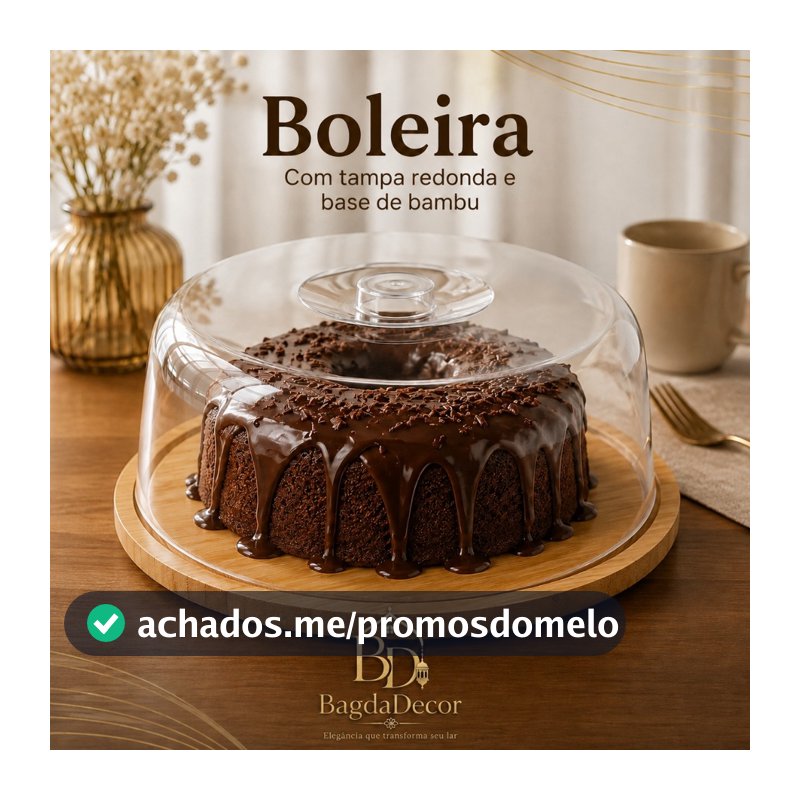 Boleira com Tampa Acrílica Base de Bambu 28cm Porta Bolo Torta Doces Mesa Cozinha Elegante Premium