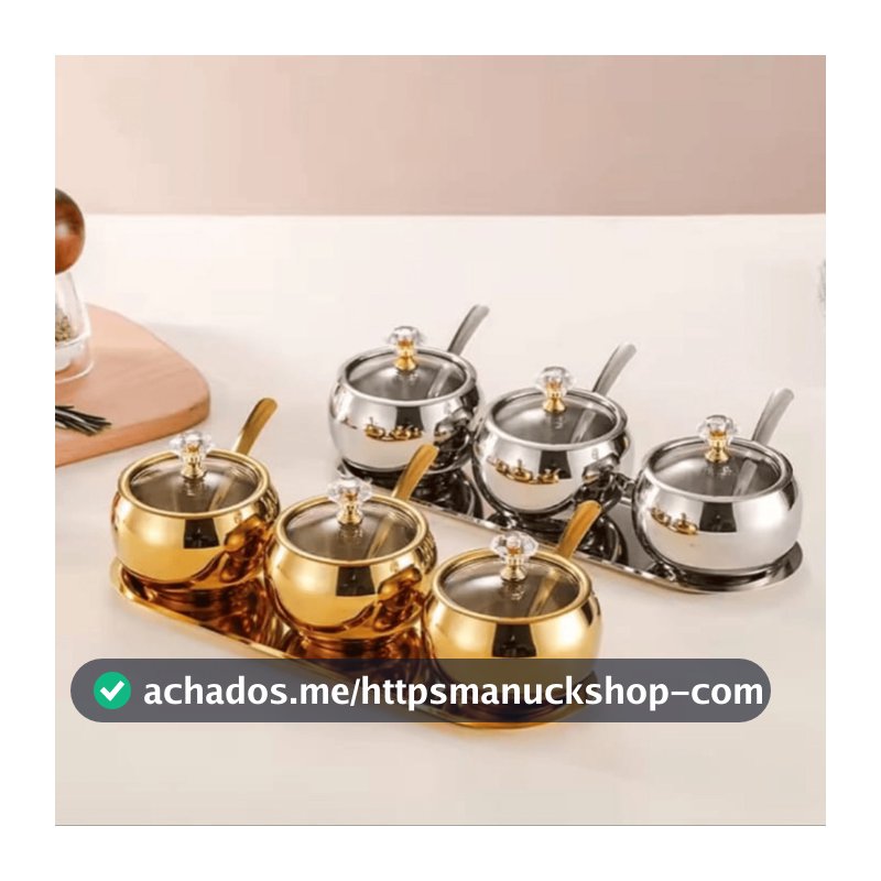 Kit 3 potes Açúcar condimentos com bandeija, aço inox 304 esférico cozinha luxuoso moderno  TLG