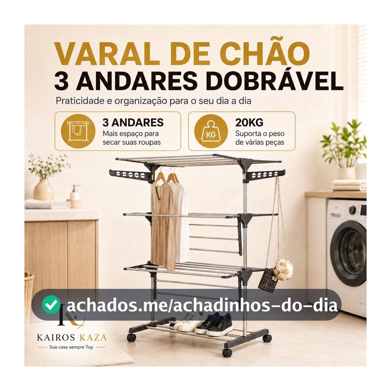 Varal de Chão com Rodinhas Dobrável 3 Andares Portátil