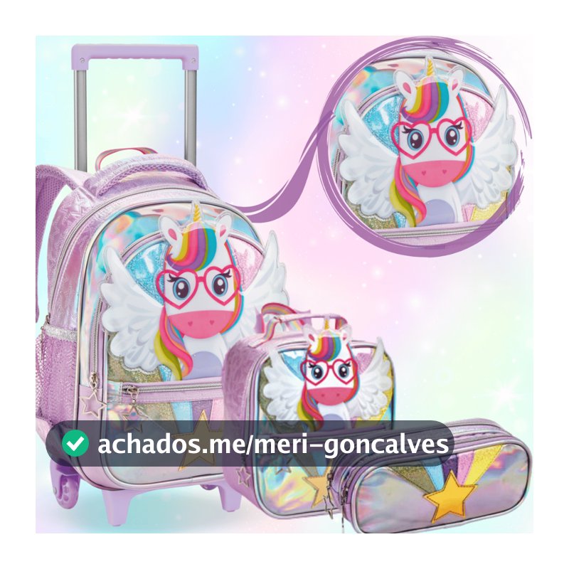 Kit Mochila Rodinha Escolar Alça Menina Unicórnio Bolsa Carrinho Lancheira Estojo Feminina Premium