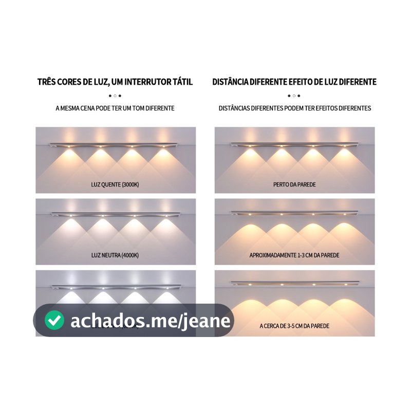 Luz Barra LED de Armário com Sensor de Presença, 3 Cores,  Magnética Autoadesiva, Sem Fio Recarregável para Guarda-Roupa