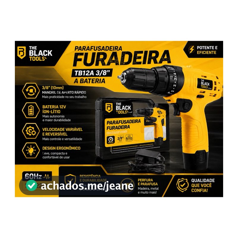 Parafusadeira e Furadeira a Bateria The Black Tools TB12A 12V 3/8" (10mm) com Bateria de Lítio LED e Velocidade Variável