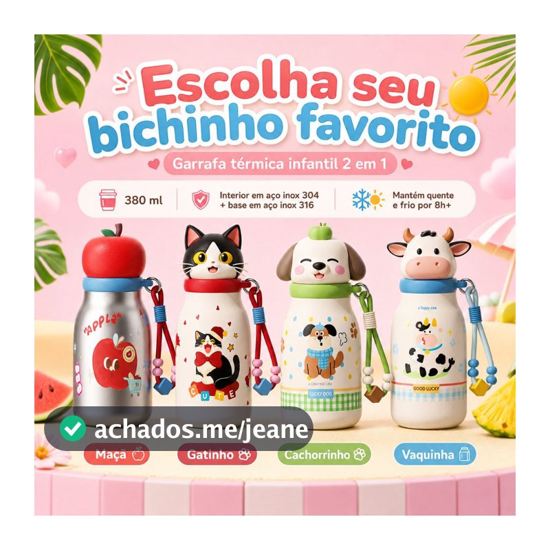 Garrafinha Térmica Infantil 380mlTampa 3D Bichinho Fofo,2 em 1,Portátil Aço Inox 316,Antivazamento para Escola e Passeio