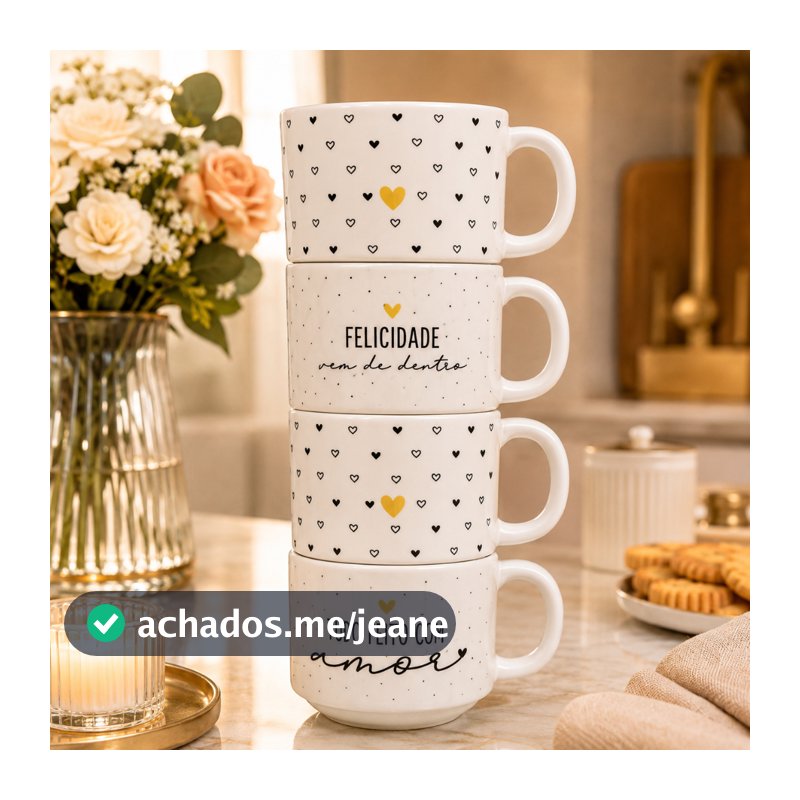 Jogo 4 Xícaras de Porcelana Primeira linha 200ml Frases Gratidão Café Chá Presente Especial Com ou sem Suporte