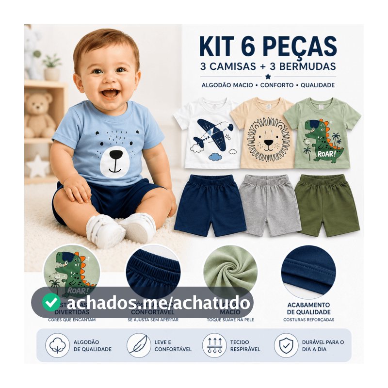 Kit 6 Peças Menino Conjunto  Bebê Infantil Estampas Divertidas Inverno 3 Camisas 3 Bermudas Algodão