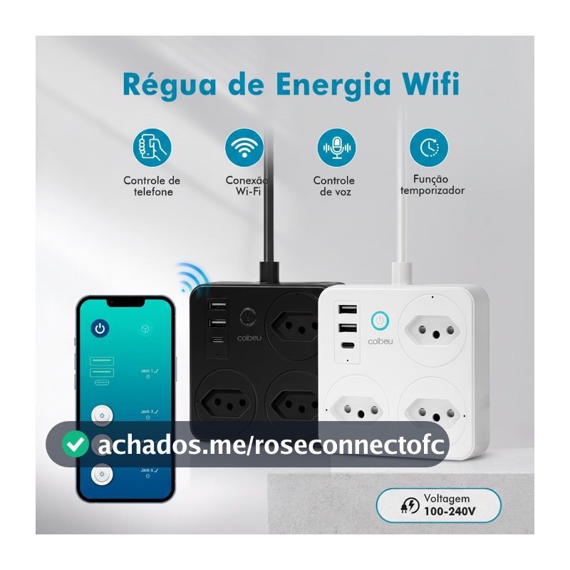 Tomada Inteligente Wi-Fi Compatível Tuya Alexa Google Assistente - Filtro de Linha USB-C Bivolt Padrão BR-F321