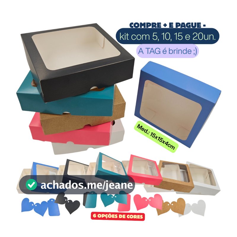 Caixa de Presente 15x15x4cm com visor + Tag Coração brinde | Rosa, Azul, preto, branco, kraft e verde.