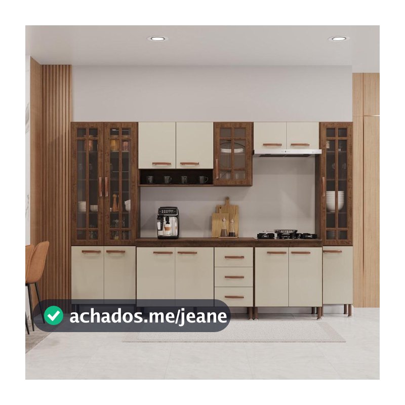 Cozinha Modulada Completa Fidelitá Lisboa 6 Peças 295cm 15 Portas 3 Gavetas Com Tampo Noce/Off-White