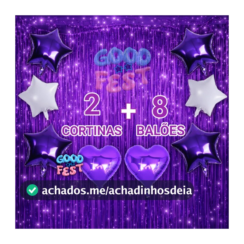 Kit 2 Cortinas Metalizada + 8 Balões, Estrela e Coração 11Cores Kit Decoração, Aniversário, Festa, Comemoração, Adereços