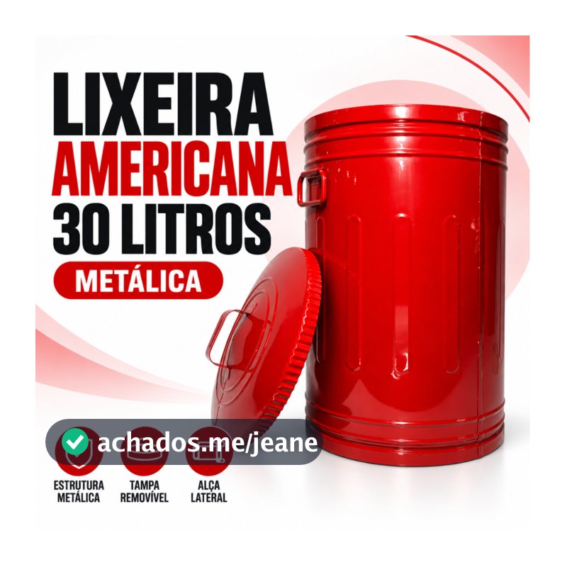 Lixeira Estilo Americana 30 Litros Aço Galvanizado Com Tampa e Alças 52 Cm De Altura