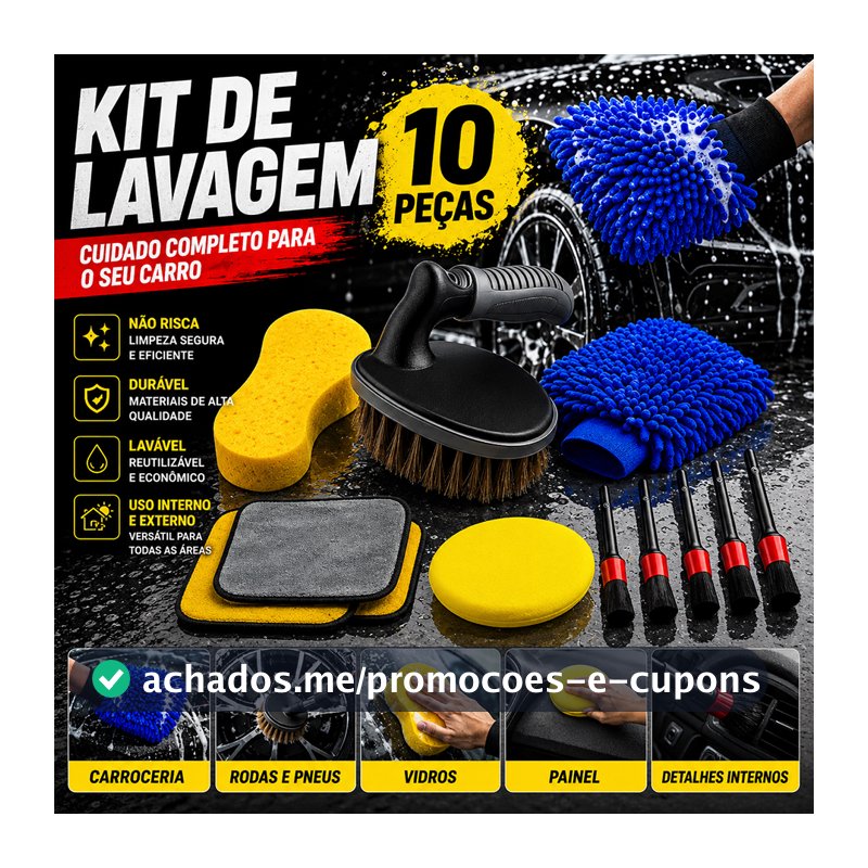 Kit 10 Peças Lavagem Automotiva Esponja + Escova de Pneu + Flanela + Aplicador de Cera + Kit Pincel + Luva Microfibra