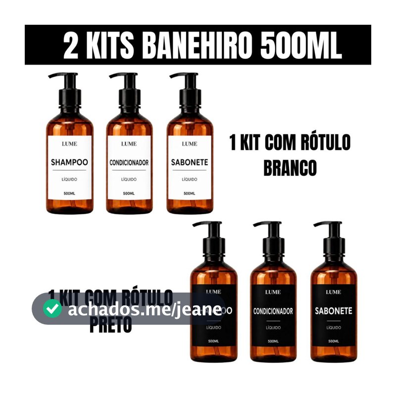 Kit Banheiro Completo 2 Kits 500ml 6 Frascos Âmbar com Rótulos Branco e Preto Shampoo Condicionador Sabonete Luxo
