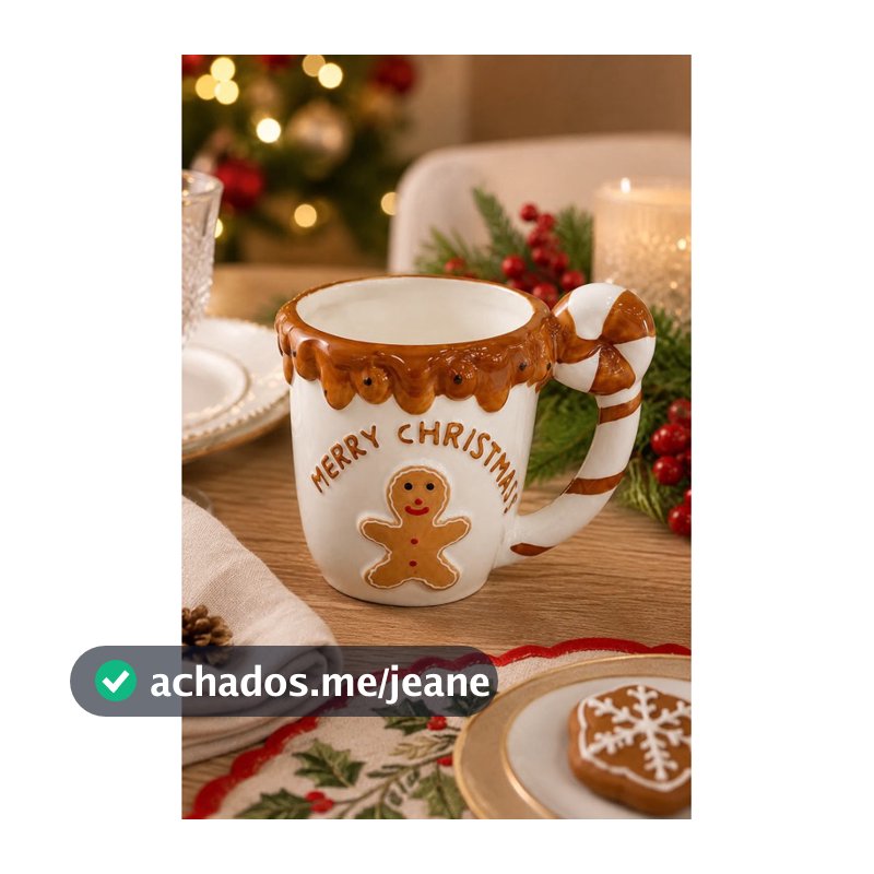 Caneca Natalina Candy Cane com Boneco de Gengibre em Cerâmica – Perfeita para Café, Chá e Chocolate Quente