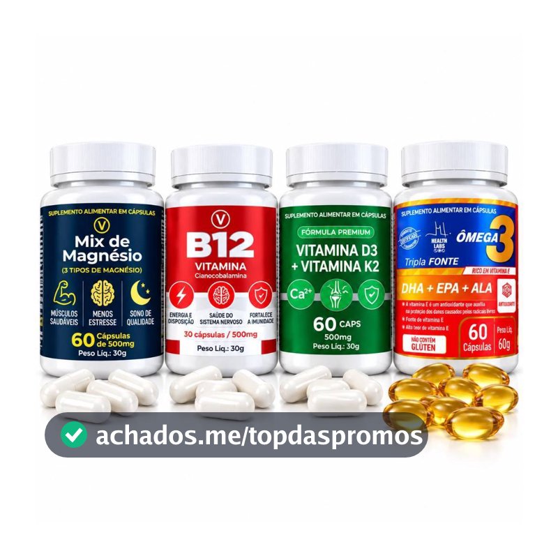 Kit Vitaminas e Minerais B12 D3 K2 Magnésio e Ômega 3 em Gel Imunidade Energia Ossos